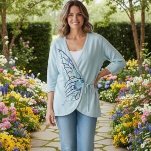 Storybook Knits Butterfly Sweater, M,  Beads And Sequins, Mint, UPDATED